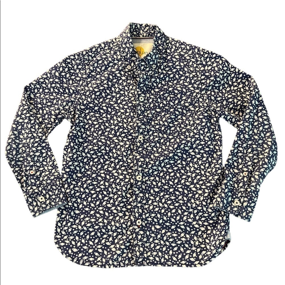 BODEN BOYS LONG SLEEVE BUTTON DOWN PLANET PATTERN SHIRT SIZE 9/10Y